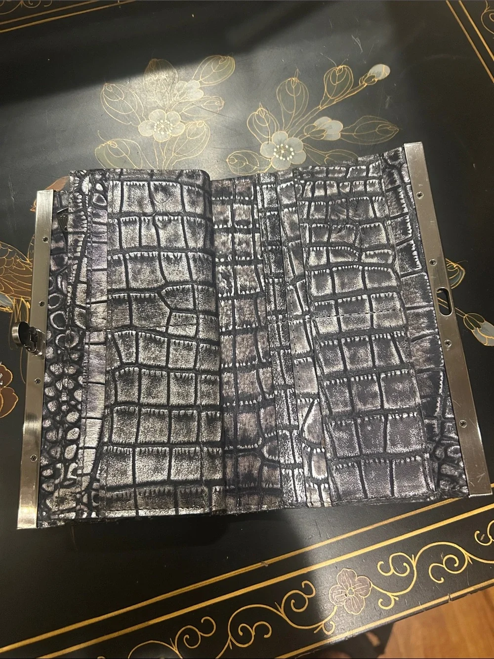 Patricia Nash Croc-Embossed black Clutch with Silver Frame
